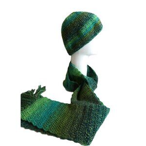 Green Scarf & Hat SET Extra Long Stripes Handmade Crochet Hand Knit Warm NWT